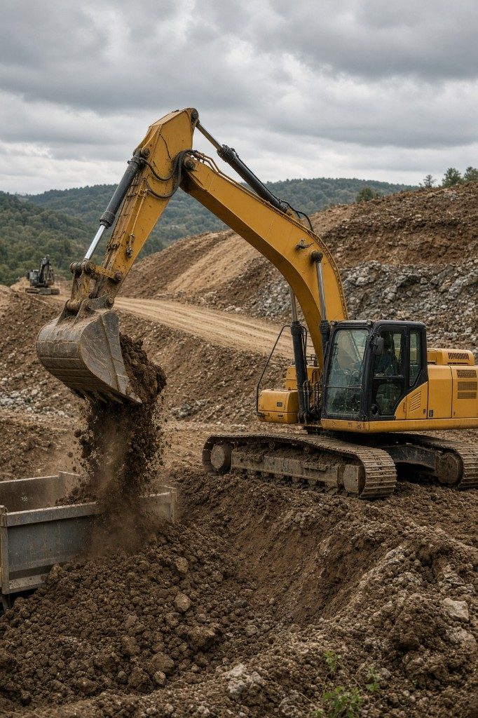 Yellow excavator loading spoil into a dump truck on a cut slope