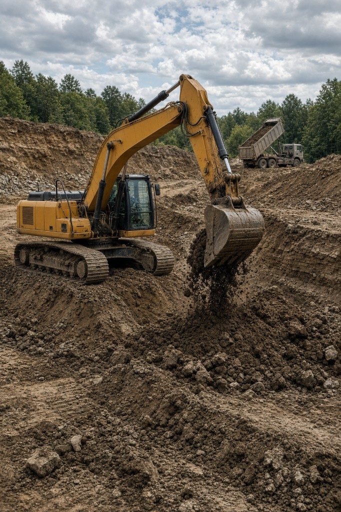 Yellow excavator digging a cut on a forest jobsite, dump truck waiting on the bench